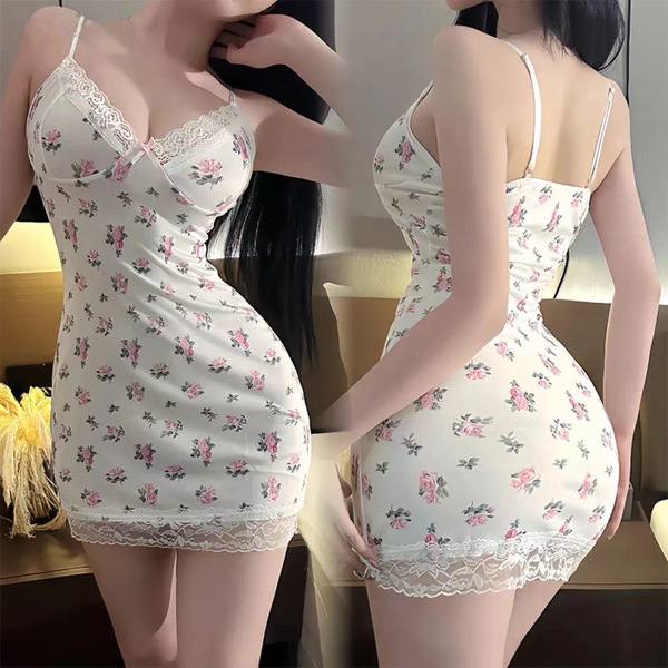 Sensual Lace Sleep Dress - Floral Pure & Sexy Mesh Cami Slip with Ruched Hip Fit for Fall - White [with bra pads] + white fishnet stockings