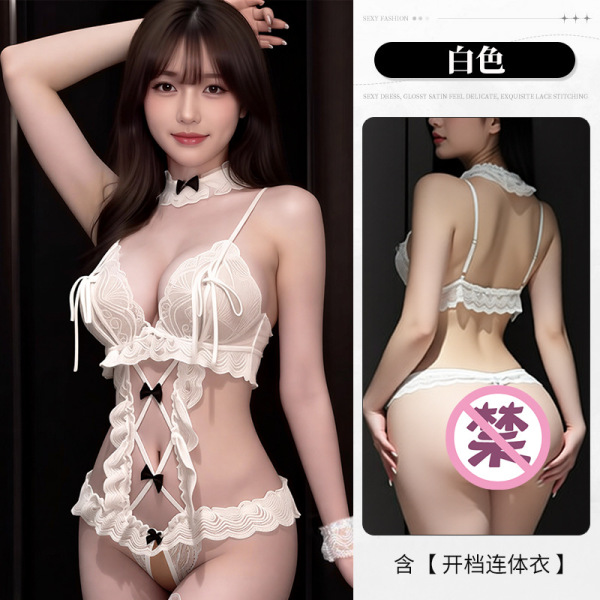 Sheer Lace Sexy Bodysuit for Women – Open-Crotch Sensual Sleepwear & Date Night Outfit - White outfit (includes bracelet, neckband, and top)