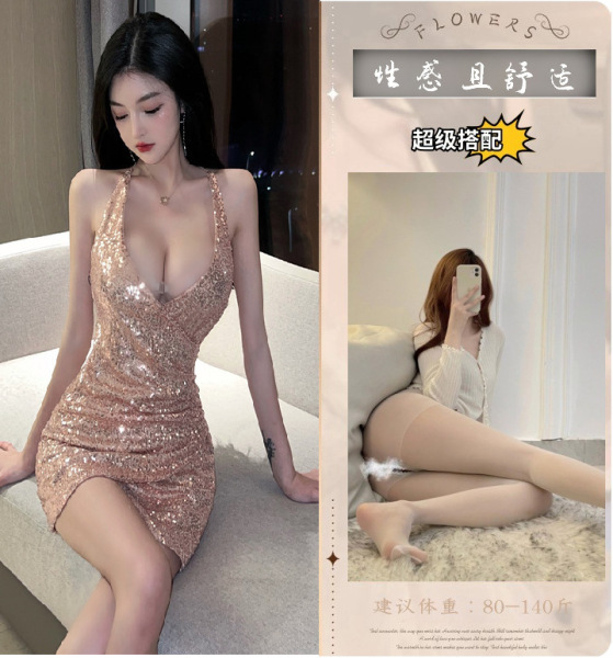 YueDie Sexy Lingerie Set for Women – Deep V Sparkle Nightwear, Shiny Sequin Sleep Dress, Alluring Adult Intimate Apparel - Picture set + white open-crotch socks