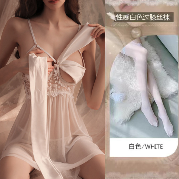 Plus Size Lace Butterfly Sleepwear Set - Sexy Satin Chemise with Underwire Push-Up Bra & Matching Robe - [Breast Support] White butterfly nightgown + panties + white stockings