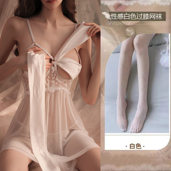 Plus Size Lace Butterfly Sleepwear Set - Sexy Satin Chemise with Underwire Push-Up Bra & Matching Robe - [Breast Support] White butterfly nightgown + panties + white fishnet stockings