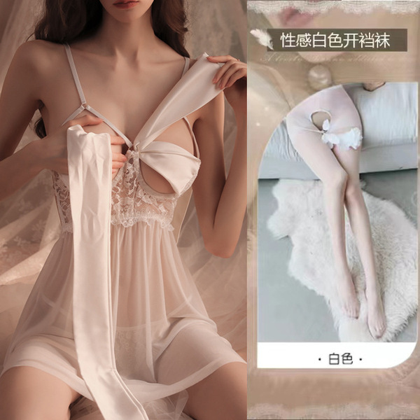 Plus Size Lace Butterfly Sleepwear Set - Sexy Satin Chemise with Underwire Push-Up Bra & Matching Robe - [Breast Support] White butterfly nightgown + panties + white open-crotch stockings