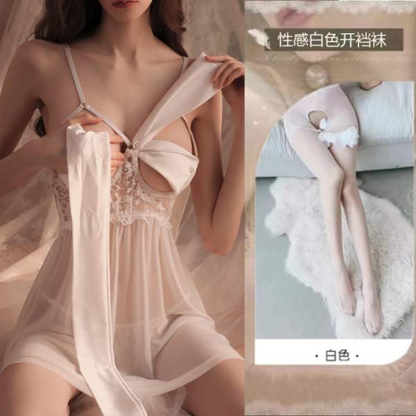 Lace Sensual Sleepwear Set - Sexy Underwire Push-Up Lounge Set for Small Bust Women - 0803 [Breast Support] White Butterfly Nightgown + Panties + White Open Crotch Stockings