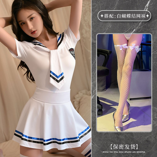 Japanese Sailor Uniform Lingerie Set - Cute Schoolgirl Roleplay Sleepwear Outfit for Women - Image style + white bow-tie fishnet stockings
