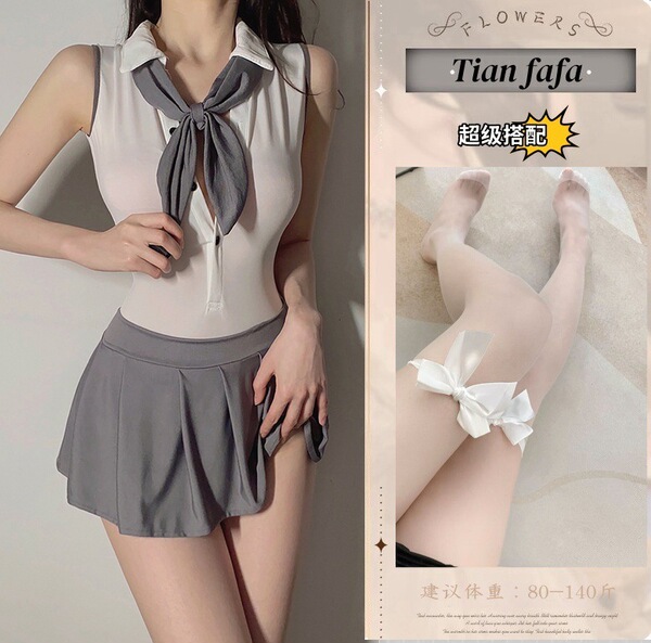 College-Style Backless Lingerie Dress - Seductive JK Uniform Set for Women, Pure & Tempting Outfit - Picture set + white bow-tie stockings