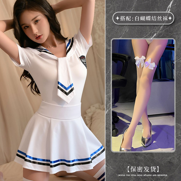 Japanese Sailor Uniform Lingerie Set - Cute Schoolgirl Roleplay Sleepwear Outfit for Women - Image style + white bow-tie stockings