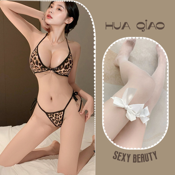 Leopard Print Lingerie Set for Women – Sexy Comfortable Pure-Desire Halter Tie-Band Sleepwear & Intimate Outfit - Image color + white bow-tie stockings