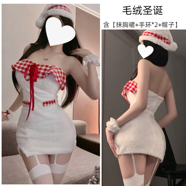 Sexy Christmas One-Shoulder Bodysuit Dress - Flirty Velvet Holiday Party Outfit for New Year's Eve - White Christmas Dress + Hat + 2 Bracelets + Matching Socks