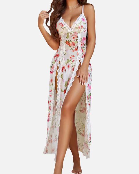 V-Neck Backless Lace Sleep Set for Women – Sexy Mesh Print Camisole & Matching Shorts - White color