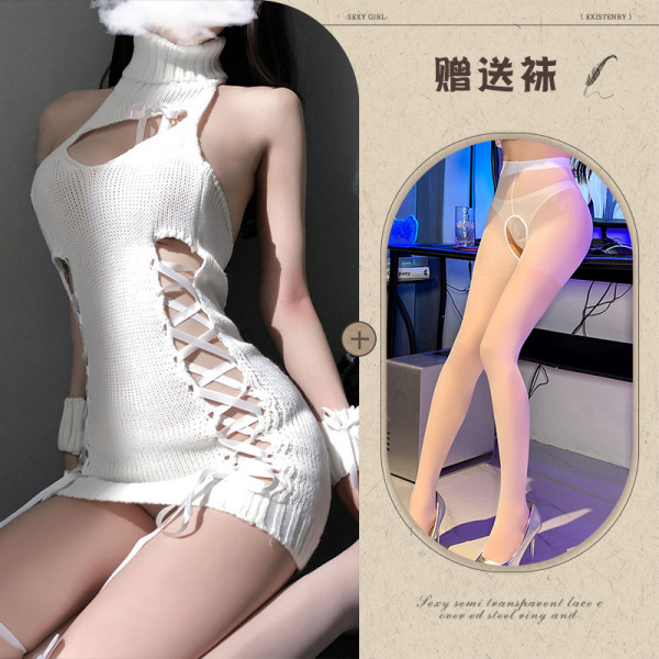 Qingran Sexy High-Neck Backless Lace Knit Lingerie Set – Seductive Hollow Mesh Outfit for Women - White + white open-crotch socks