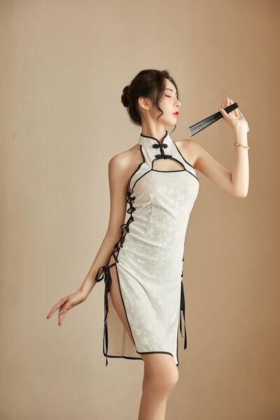 Mannyqing Vintage-Inspired Lingerie Set – Seductive Chinese-Style Cheongsam with Lace Cutouts & Ties - White + white open-crotch socks