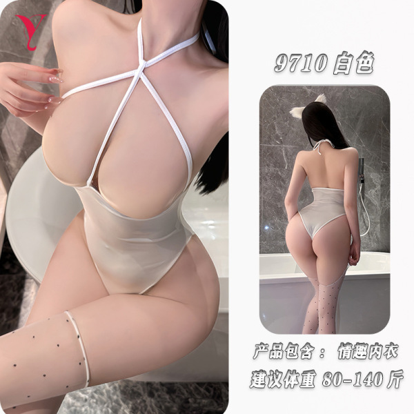 Yesiyesi Sexy Lace Bodysuit - Seductive Halter Neck Nightwear & Adult Lingerie Outfit for Women - White + matching polka dot socks