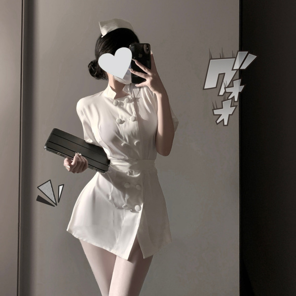 Sexy Nurse Costume Lingerie Set - Seductive No-Remove Sleepwear with Bow-Tie Skirt & Round Neck Top - White [hair accessory + belt + dress]