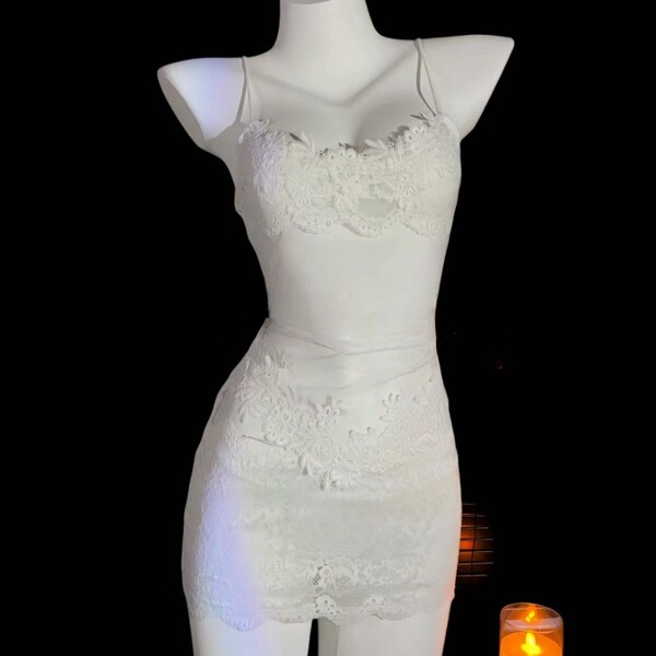 Luxury French-Style Sheer Lace Lingerie Set – Romantic Vacation Bra & Panty with Ties & Netted Mesh - White embroidered tulle skirt + T-shirt