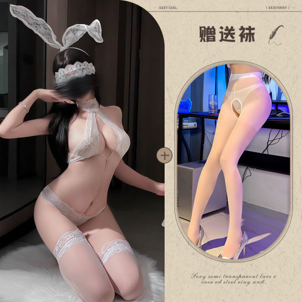 Qingran Sexy Lace Bodysuit with Detachable Rhinestones - Hook-Neck Erotic Lingerie for Women - White + eye mask + white open-crotch socks