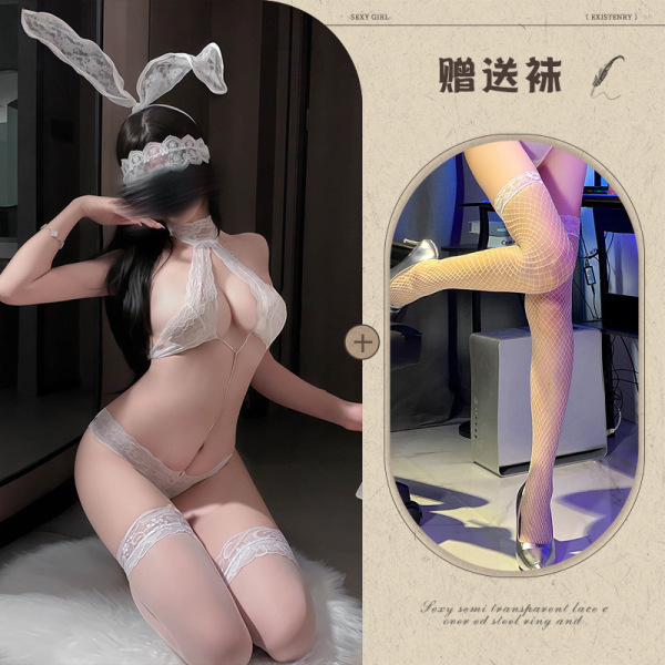 Mannyqing Lace Bodysuit with Detachable Rhinestones - Sexy Strapless Mesh Chemise for Women, One Size - White + eye mask + white fishnet stockings