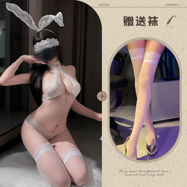 Mannyqing Lace Bodysuit with Detachable Rhinestones - Sexy Strapless Mesh Chemise for Women, One Size - White + eye mask + white stockings