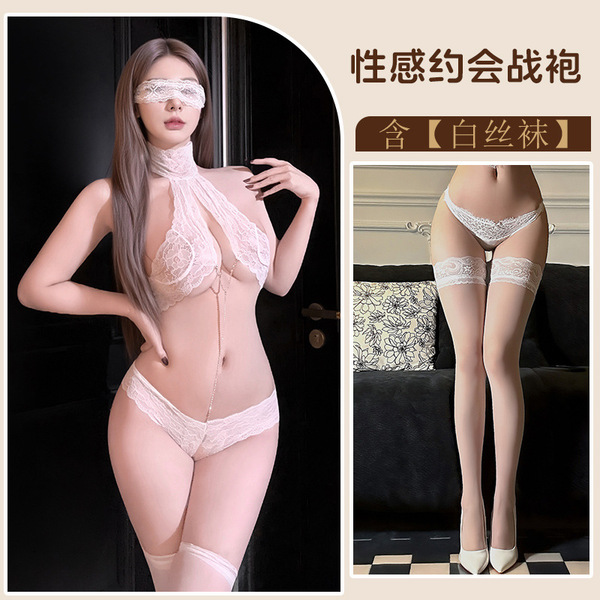 Pure Temptation Lace Bodysuit - Sensual Tight-Fit Bondage-Inspired Erotic Lingerie with Sheer Cutouts - White + eye mask + white stockings