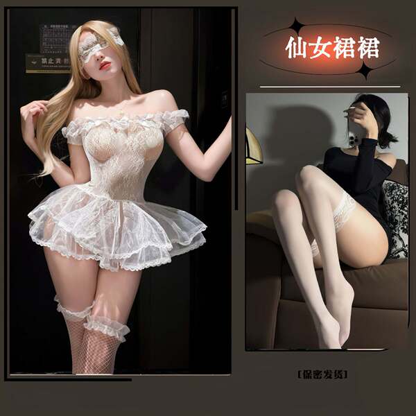Sensual Bridal Lingerie Set - Sexy Sleepwear Robe for Women, Easy-On Bedroom Wear, Naughty Wedding Night Outfit - White fairy dress + white lace stockings