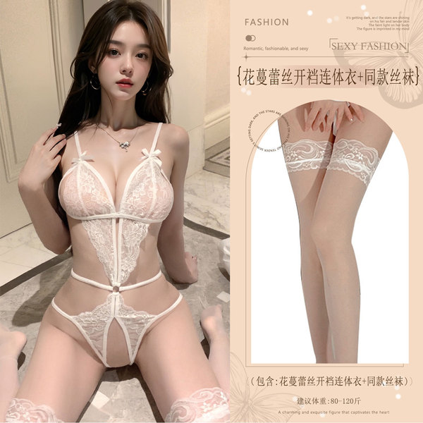 Lace Temptation Bodysuit - Sheer Sexy Open-Crotch Lingerie for Women, Pure & Bold Seductive Style - White (floral lace open-crotch bodysuit + matching stockings)