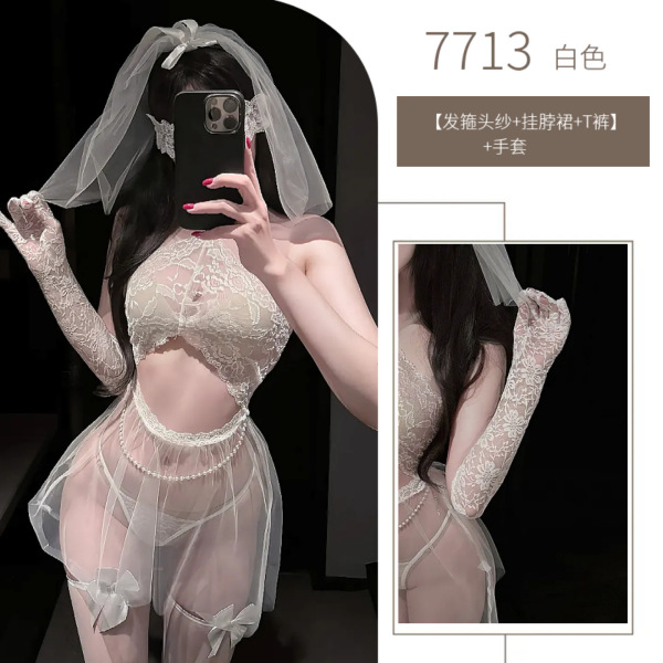 Elegant White Bridal Lingerie Set - Sheer Chiffon Sleepwear for Women, Sensual Wedding Night Outfit - White suit + gloves