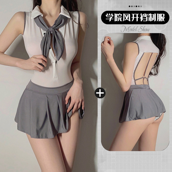 College-Style Backless Lingerie Dress - Seductive JK Uniform Set for Women, Pure & Tempting Outfit - White and gray [bow tie + jumpsuit + pleated skirt]