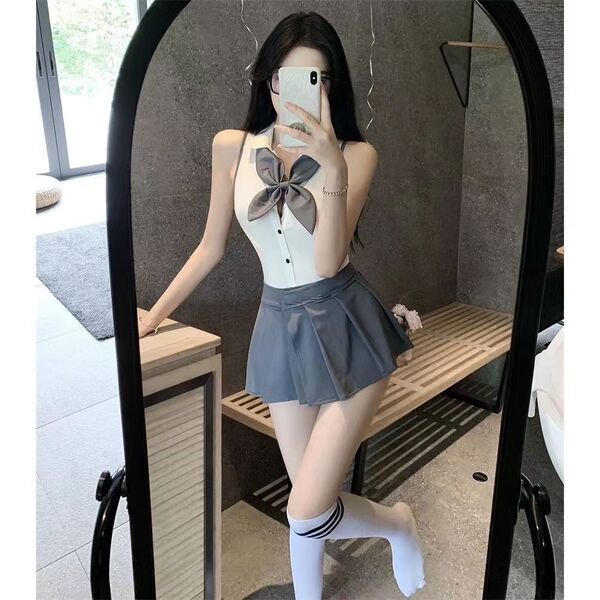 Suoqing Sexy Schoolgirl Backless Jumpsuit Set - Cute JK Uniform Outfit, Dropshipping Friendly - White and gray [bow tie + jumpsuit + pleated skirt]