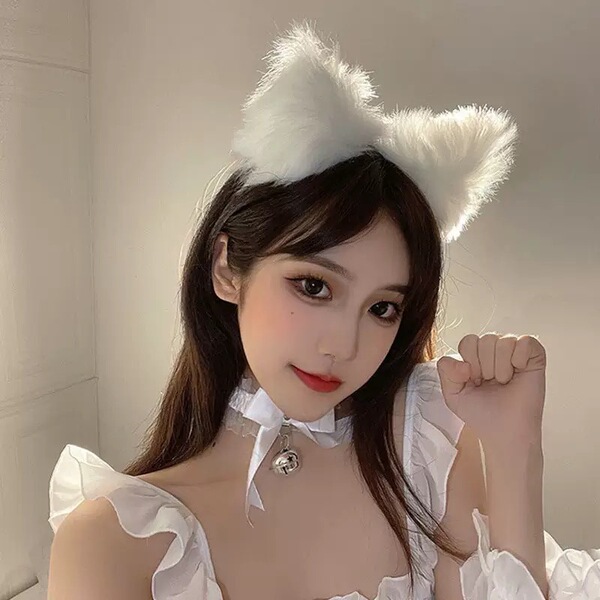 Night Silk Sensual Deep V Lace Maid Outfit - Busty-Looking Sleepwear Set for Small Busts - Same style headband [white]