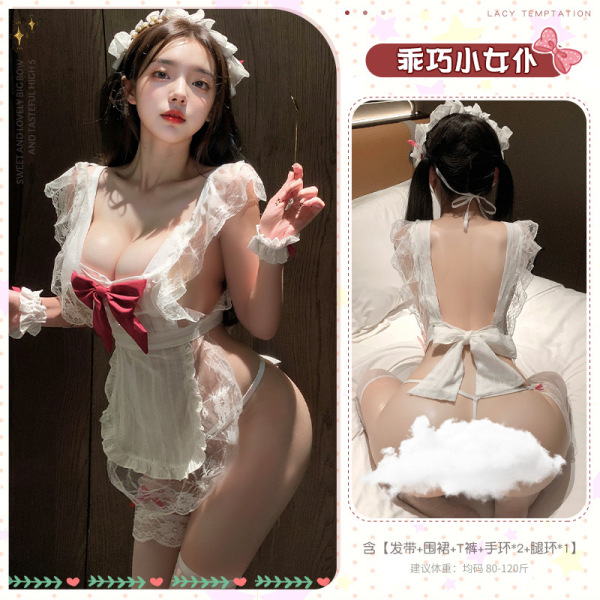Mannyan Sexy Maid Costume Set – Low-Cut Roleplay Uniform & Seductive Lingerie for Cosplay & Date Night - 6921183348359 White [Headband + Apron + T-shirt + Bracelets*2 + Leg Ring*1]
