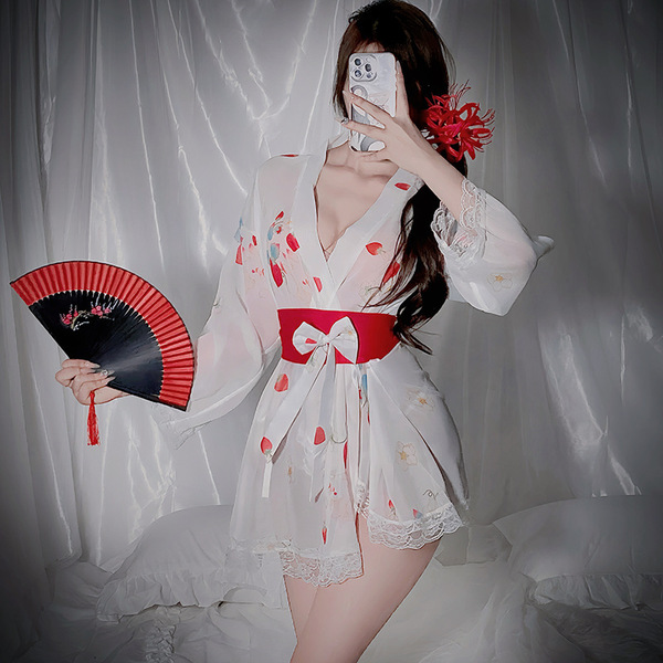 YeYu Sexy Lingerie for Women – Deep V Tie-Waist Corset with Floral Chiffon Kimono Costume for Role Play - White kimono + obi (belt) + underwear [New Arrival]