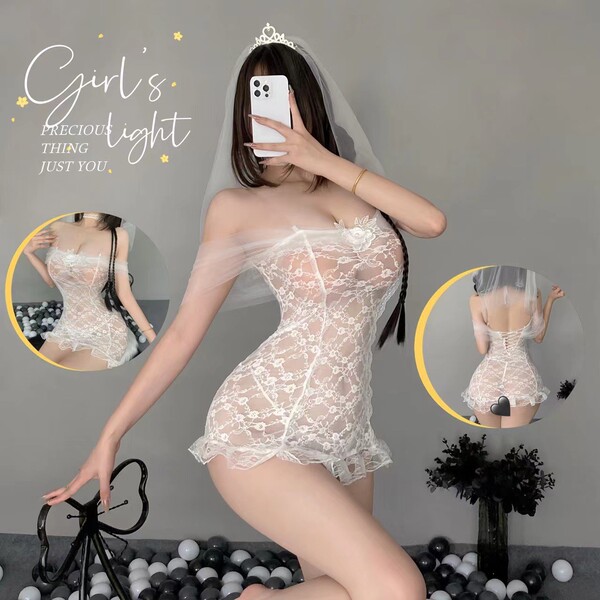 Domeilado Sexy Sheer Lace Bunny Girl Apron Costume - Seductive Role Play Outfit with Underwire Bra - White lace bridal gown