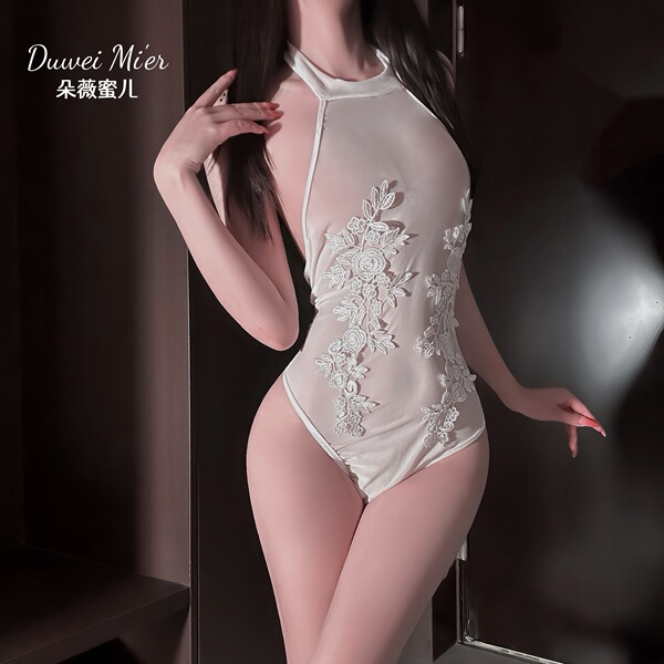 Dowemi Sexy Lace Bodysuit for Women - Elegant Embroidered Sheer Mesh Bodycon Sleepwear & Lingerie Set - White inner suspender + white lace outer robe
