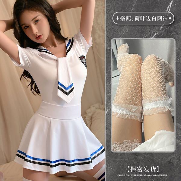 Japanese Sailor Uniform Lingerie Set - Cute Schoolgirl Roleplay Sleepwear Outfit for Women - Image style + white fishnet stockings with ruffles