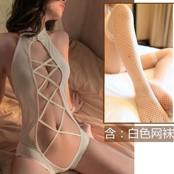 Ultra-Small Sailor-Style Bikini Swimwear with Lace & Open-Crotch Design – Pure Temptation Swim Set - White openwork + stockings set