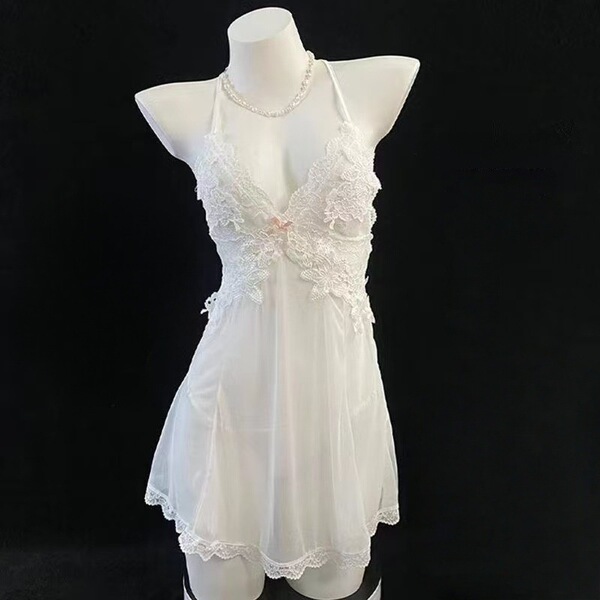 Domoila Sexy Lace Deep V Sleep Dress Set – Sheer Mesh Robe & Matching Lingerie for Women - White + white lace stockings