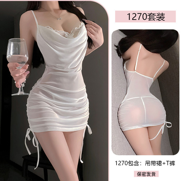 Domoira Sexy Lace Babydoll Nightgown - Adjustable Waist Tie, Cheeky Fit, No-Remove Sleepwear for Women - White + white lace stockings