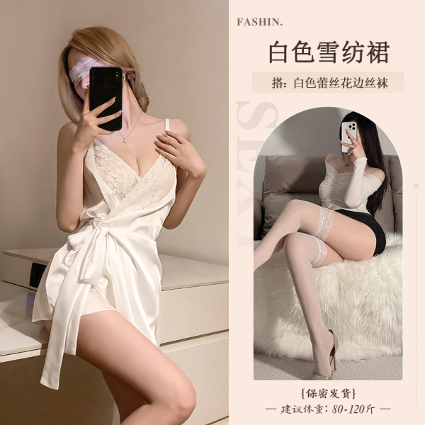 Sexy Lace Sleep Dress for Women – Breathable Ice Silk Sensual Nightwear, Vacuum-Fit Slip Dress for Date Nights & Romance - Milky white with lace trim on white stockings