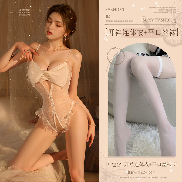 French-Style Sheer Lingerie Bodysuit with Large Bow & Open-Crotch Design – Busty-Looking, Bed-Ready, No-Remove Elegance - White (large bow crotchless bodysuit + boxer stockings)