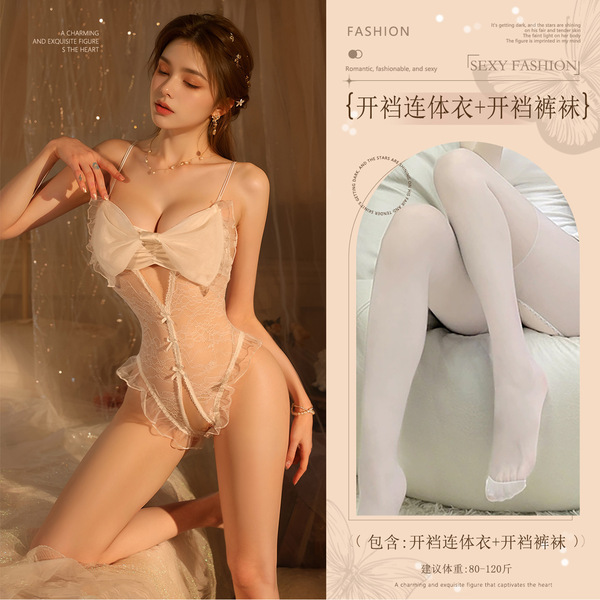 French-Style Sheer Lingerie Bodysuit with Large Bow & Open-Crotch Design – Busty-Looking, Bed-Ready, No-Remove Elegance - White (large bow open-crotch bodysuit + open-crotch tights)