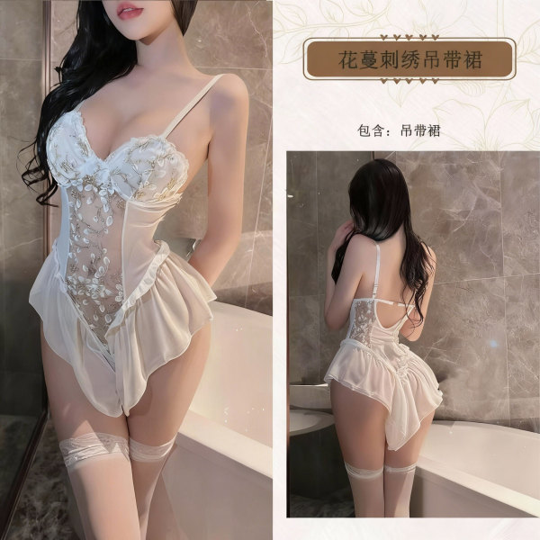 Floral Lingerie Sleepwear Set - Elegant Lace-Trimmed Bodysuit with Sheer Mesh & Push-Up Design - White leaves
