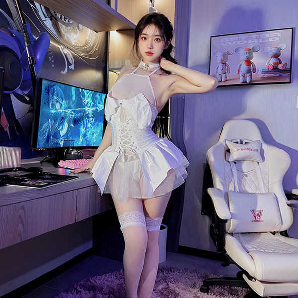 Sexy Role Play Lingerie Set - Nurse Costume Outfit for Women, Flirty Uniform Sleepwear for Small Bust - White patent leather suit