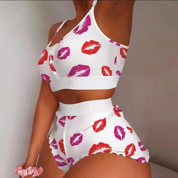 European-American Fashion Lace Trim Tank Top & Shorts Sleep Set - Sweet Women's Matching Loungewear Pajamas - White lips