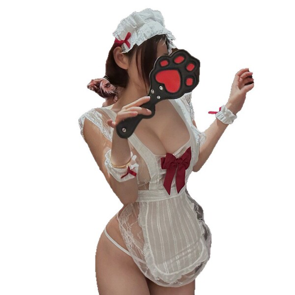 White maid costume lingerie set featuring open-crotch design, cute paw print accessory, and playful aesthetic for women.