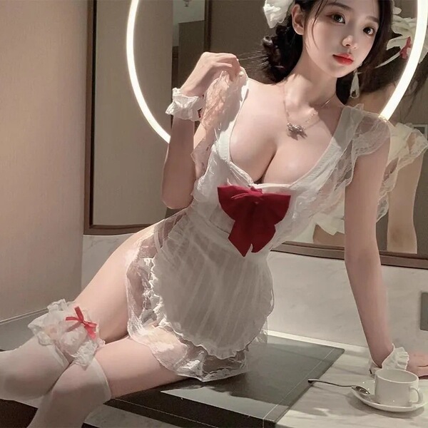 Sexy Maid Costume for Women - Pure & Tempting Lingerie Sleep Dress Set, Plus Size Erotic Uniform Outfit, One-Piece Drops - White maid outfit