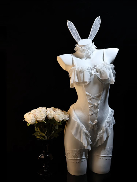 Pure & Seductive Lingerie Set - Modest Yet Sexy Open-Crotch Bunny Costume Sleepwear for Cosplay - White suit [socks not included]
