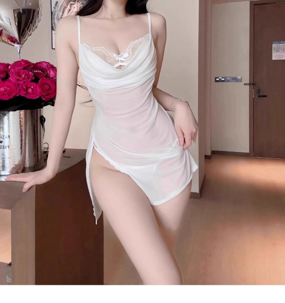 Sensual Lace Trimmed Mesh Slip Dress - Busty Sheer Sleepwear Set for Women, No-Remove Lingerie - White
