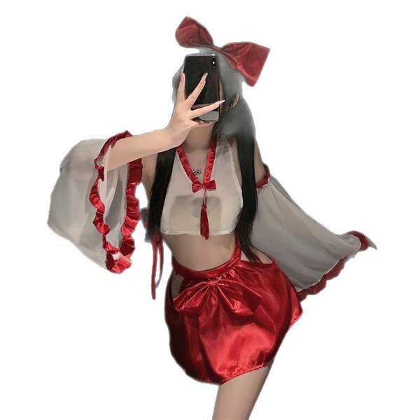 White moonlight japanese-style lingerie set - red sensual sleep dress with bow & tassel accents