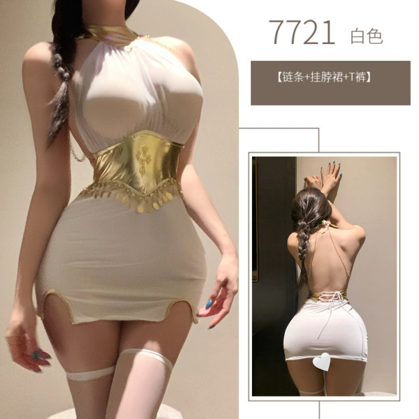 Sexy Western-Style Lace Bodysuit & Bodycon Mini Skirt Set - Sheer Mesh Outfit for Women - White halter neck dress (chain + halter neck dress + thong)