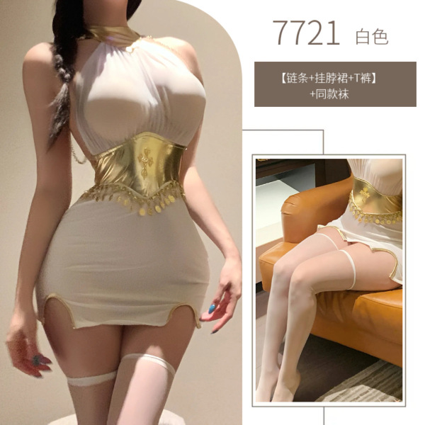 Sexy Western-Style Lace Bodysuit & Bodycon Mini Skirt Set - Sheer Mesh Outfit for Women - White halter dress + matching socks
