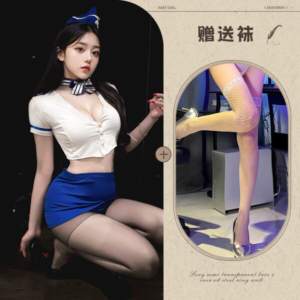Manny Night Pure & Tempting Air Hostess Costume Set - Sexy Role Play Outfit for Women - Image color + white fishnet stockings